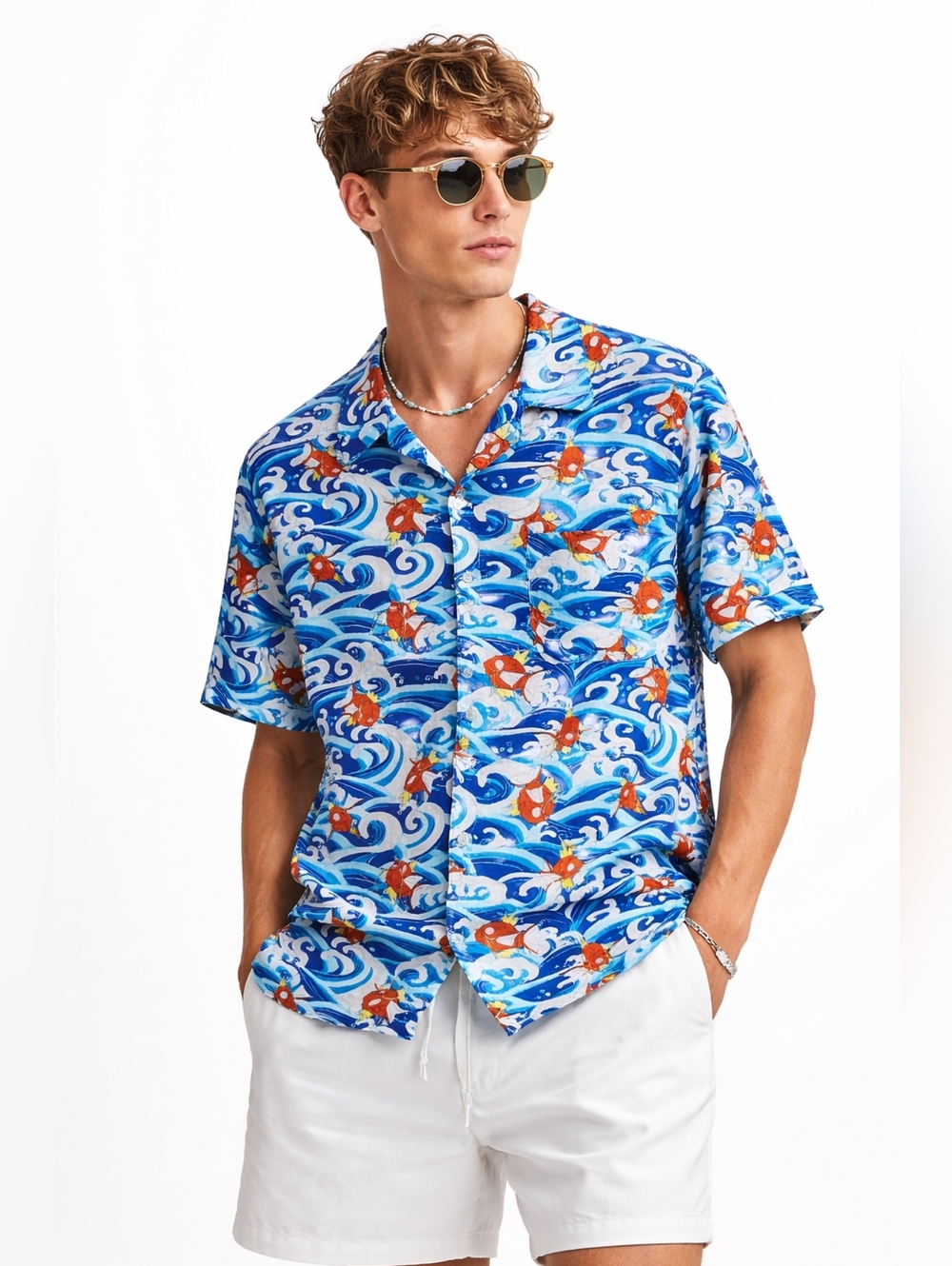 Pokemon Magikarp Hawaiian Shirt Blue Wave Print Rayon Size L